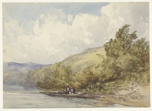 Kupert landskap med en innsjø og en båt med to figurer av William Callow