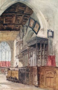 St. Mary#39;s kirke, Richmond, Yorkshire, før restaurering (fargelitografi) av William Callow