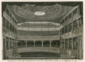 Innvendig utsikt over det gamle Theatre Royal, Drury Lane, London, slik det så ut i 1792