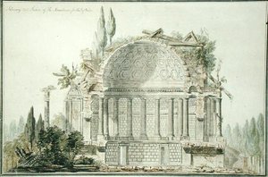 Design for et ødelagt mausoleum for prinsen av Wales (1738-1820) 1752 (penn, blekk og akvarell på papir)