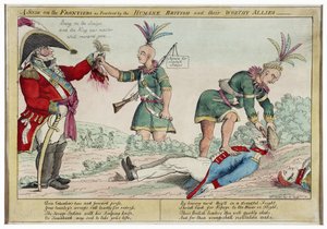A Scene on the Frontiers som praktisert av de humane britene og deres verdige allierte, pub. 1812 (håndfarget gravering)