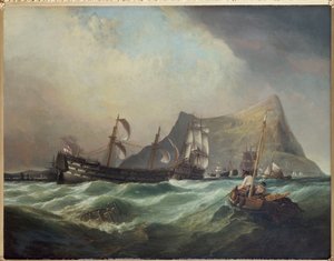 Neptun, tauing av seieren inn i Gibraltar havn etter slaget ved Trafalgar av Clarkson Frederick Stanfield