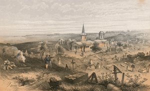 Karantenekirkegård og kirke med fransk batteri nr. 50 av William Crimea Simpson