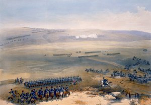 The Cavalry Affair of the Heights of Bulganak: the First Gun, tallerken fra "The Seat of War in the East", pub. av Paul und Dominic Colnaghi und Co., 1856