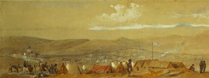 Krim: Panoramautsikt over Sebastopol som viser de militære leirene og havnen; og en panoramautsikt over Inkerman som viser et militærleir og kavaleri ved daggry, av William Crimea Simpson