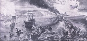Sevastopols fall og russernes retrett, 8. september 1855, illustrasjon fra British Battles on Land and Sea, 1915 av William Crimea Simpson