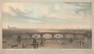 Utsikt over broen som bygges over Themsen ved Vauxhall av William Daniell
