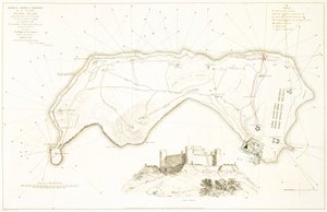 Generelt forsvarskart for øya Banda Neira, tidlig på 1800-tallet (farget etsing) av William Daniell