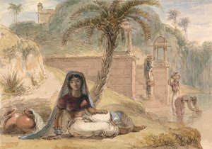 Indisk jente sitter ved en elv av William Daniell