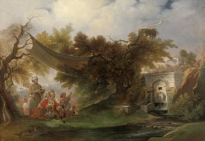 Indisk landskap med figurer nær en bekk (olje på lerret) av William Daniell
