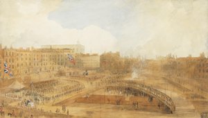 Prinsen av Wales legger grunnsteinen til Theatre Royal, Covent Garden, 31. desember 1808 (blyant, penn og brunt blekk og akvarell forsterket med innslag av kroppsfarge og med utskraping) av William Daniell