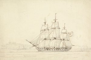 Tre mastet skip av William Daniell