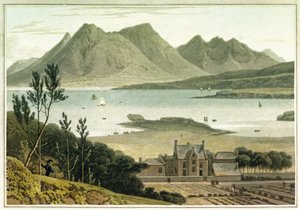 Vestutsikt fra Raasay Island (Skottland), med beskrivelse av en stor bygning og tilstøtende hager. Fargeritsing av William Daniell (1769–1837). av William Daniell