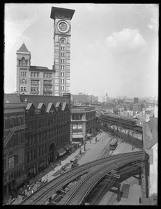 Høyvinklet visning av krysset mellom Flatbush Avenue og Fulton Street, Brooklyn, New York, 5. september 1914 av William Davis Hassler
