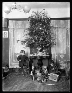 Seymour-gutt poserte sittende på trehjulssykkel ved siden av juletreet i stuen, julen 1912 av William Davis Hassler