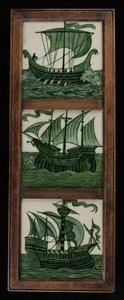 Flispanel av skip i fullt seil, i ramme, ca. 1865-80 (keramikk) av William de Morgan