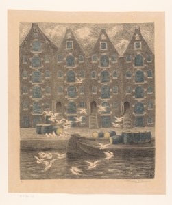 Varehus på Brouwersgracht i Amsterdam av William Degouve de Nuncques (signed by artist)