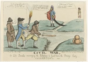 Engelsk tegneserie av den nederlandske borgerstriden, 1787 Borgerkrig, eller Lord Lunatic som oppmuntrer hollanderne til å slå ned Orange Party (tittel på objekt) av William Dent