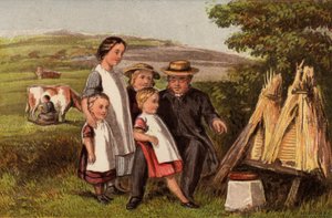 Bransje: familie på landsbygda med bikuber (chromolitho)