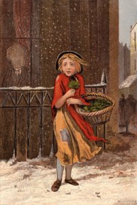 Stakkars jente som selger brønnkarse på en snødekt gate (chromolitho)