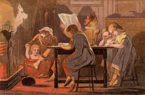 Lørdagskveld: en familie som leser og underholder seg selv om kvelden (chromolitho)