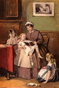 Den snille tjeneren: en hushjelp som leser for små barn (chromolitho)