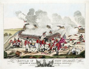 Slaget ved New Orleans og generalmajor Packenhams død den 8. januar 1815, pub. 1815 (farget gravering) av William Edward (after) West