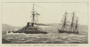 HMS Devastation sleper HMS Thetis inn i Malta havn av William Edward Atkins