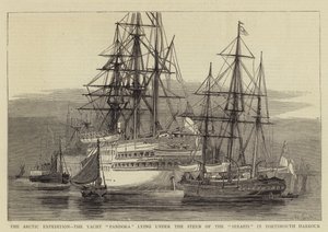 Den arktiske ekspedisjonen, Yacht Pandora som ligger under akterenden av Serapis i Portsmouth havn av William Edward Atkins