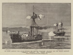 Den søramerikanske krigen, handling mellom det peruanske turret-skipet Huascar og de chilenske jernkledde Almirante Cochrane og Blanco Encalada av William Edward Atkins