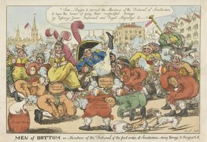 Nederlendere vil kysse Napoleons bakside, 1811 Menn av bunnen eller medlemmer av Tribunal av første orden, i Amsterdam, - hyller Bonyparte (tittel på objekt)