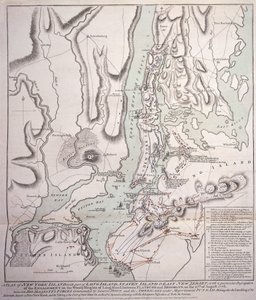 Plan for New York Island med deler av Long Island, Staten Island og East New Jersey og engasjementet på Woody Heights of Long Island mellom de britiske styrkene, under kommando av general Sir William Howe av William Faden