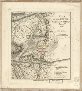Plan for slaget utkjempet nær Camden, 16. august av William Faden