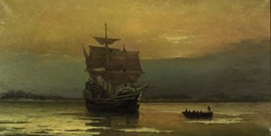 Mayflower ved hennes ankomst til Plymouth Harbor, 1882. av William Formby Halsall