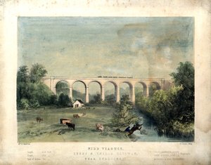 Nidd Viaduct, Leeds and Thirsk Railway, nær Knaresbro', ca. 1850 (farget litho på papir) av William Frederick Faviell