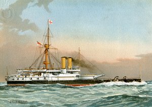 HMS Victoria, Royal Navy 1. klasse slagskip, c1890-c1893. av William Frederick Mitchell
