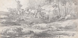 Landskap med figurer og storfe av William Frederick Wells