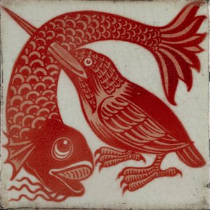 Tegl med isfugl med nebb gjennom fisk, 1882-1888 av William Frend De Morgan
