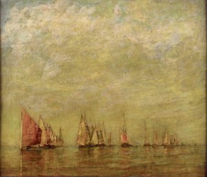 Venetianske båter som speiler seg i det rolige havet. Olje på tre. av William Gedney Bunce