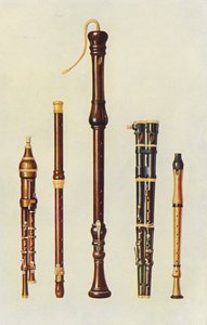 Musikkinstrumenter: To doble flageoletter, en tysk fløyte og to fløyter doucer (farge litho)