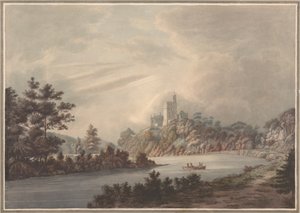 Landskap, slott ved en elv