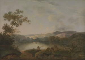Utsikt over en innsjø med fiskere av William Groombridge