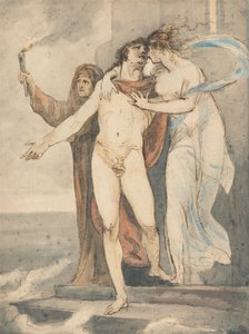 Leander tar avskjed med Hero før han svømmer tilbake over Hellespont av William Hamilton