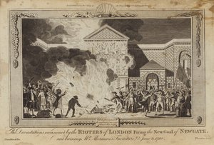 Ødeleggelsene forårsaket av at opprørerne i London avfyrte den nye fengselet i Newgate av William Hamilton