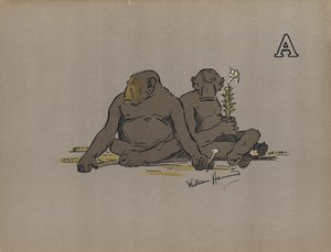 Bokstav A, Estetiske antropoide aper som inntar unormalt apatiske holdninger (farge litho) av William Hammond