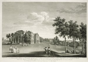 Utsikt over huset og en del av hagen i West Wycombe, Buckinghamshire, gravert av William Woollett (1735-85) av William Hannan