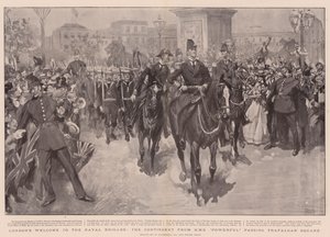 Londons Velkommen til Naval Brigade, kontingenten fra HMS Kraftig som passerer Trafalgar Square
