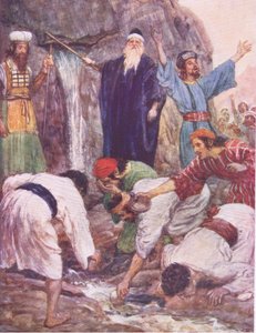 Moses slår klippen, fra The Bible Story utgitt av Hodder & Stoughton, ca. 1930 av William Hatherell