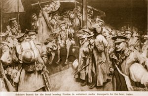 Scener av gripende glede og patos spilt opp på de store jernbanestasjonene i London, 1914-19 av William Hatherell
