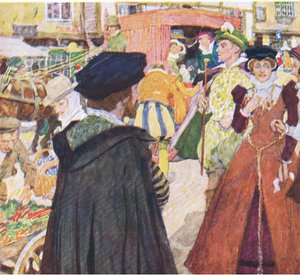 Shakespeare noterer seg den tåpelige moten til fopsens på Ludgate Hill, fra My Magazine, pub.1922 av William Hatherell